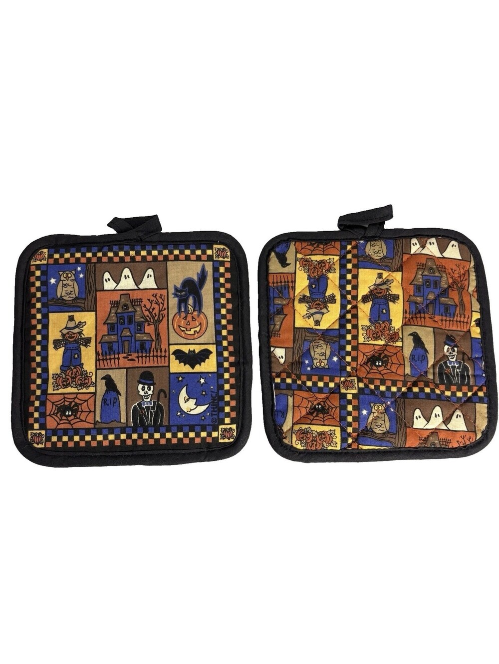 Vtg 90s THINC Halloween Pot Holders Set 2 Quilted Witch Ghost Cat Skeleton